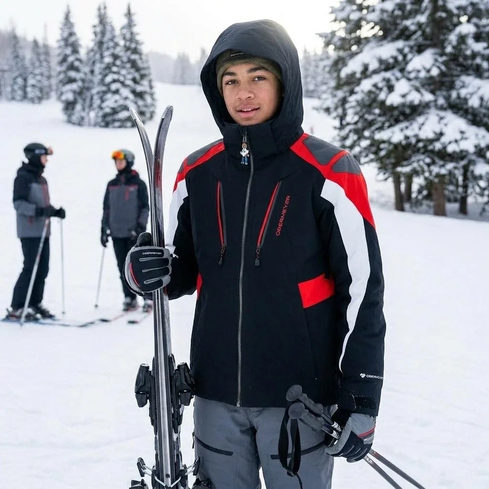 Obermeyer Ski Jacket Youth Boys Black Red White Excellent Hooded Technical Coat